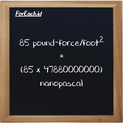How to convert pound-force/foot<sup>2</sup> to nanopascal: 85 pound-force/foot<sup>2</sup> (lbf/ft<sup>2</sup>) is equivalent to 85 times 47880000000 nanopascal (nPa)
